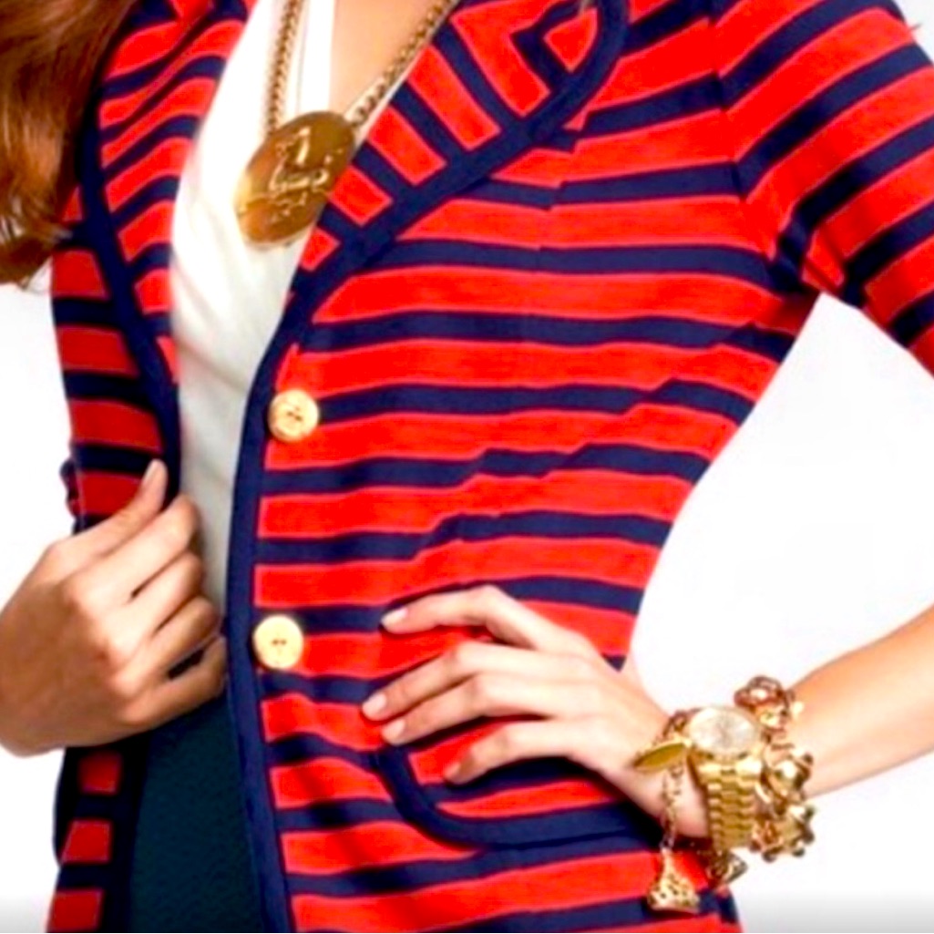 Cabi Au Revoir Yacht Club Red Blue Striped Nautical Blazer Gold Buttons Xs